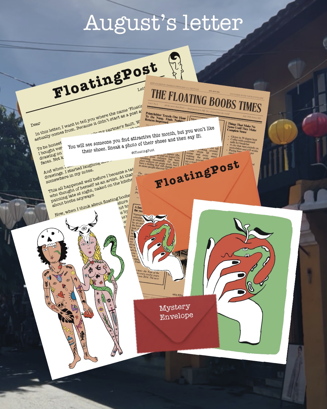 A past Floating Post issue, complete with letter, art print and mystery envelope